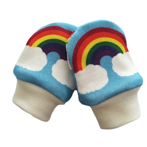 Baby Mittens Scratch Mittens No scratch mitts Organic cotton knit GOTS print fabric Rainbows Triangles Cactus Milk Infant Newborn gift idea
