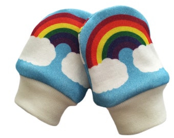 Baby Mittens Scratch Mittens No scratch mitts Organic cotton knit GOTS print fabric Rainbows Triangles Cactus Milk Infant Newborn gift idea