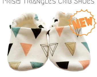 CLEARANCE SALE Prism Triangles Crib Shoes Modern Moccasins Soft sole slippers 0-3Yrs Organic cotton knit new print fabric Girls Boys