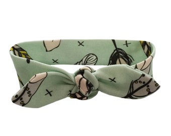 Mint Green Feathers Knotted Headband Tied Hairband Baby hair accessories Organic cotton knit fabric Newborn New Baby Gift Coming Home outfit