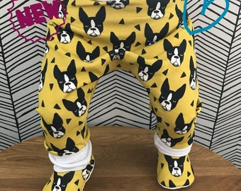 French Bulldogs Dog Harems Mustard Yellow Pants Boys Harem Pants Organic cotton knit Pet fabric print Newborn Trousers New Baby outfit Gift