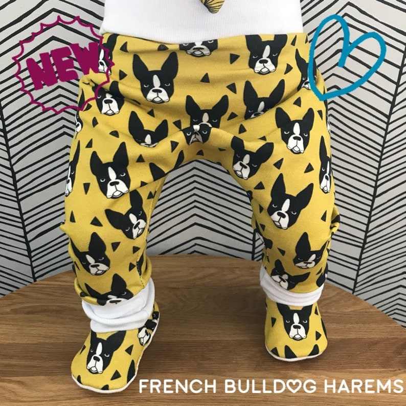 Bouledogues Français Chien Harems Moutarde Jaune Pantalon Garçon Harem Pantalon Maille de coton biologique Imprimé Pet tissu Nouveau-né bb image 1