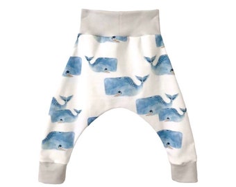 Whale Pants Watercolour print Organic cotton knit Moby Dick Harems GOTs fabric Relaxed trousers New Leggings Baby Gift Coming home outfit