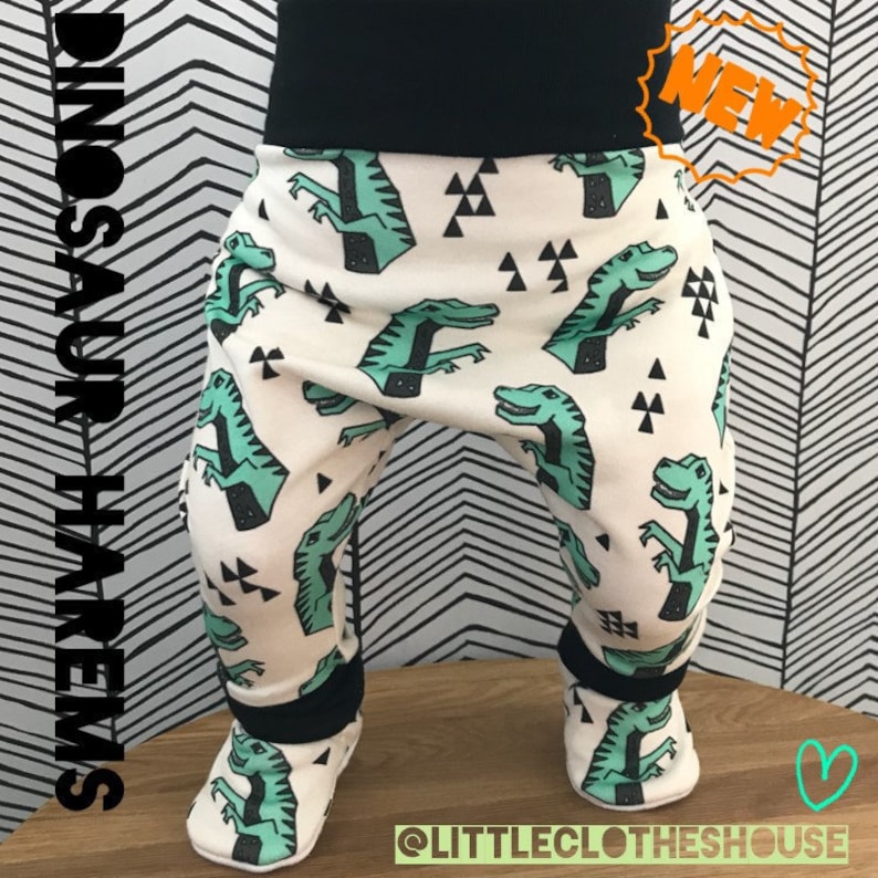 May include: White baby pants with a green dinosaur print and black trim. The pants are called "Dinosaur Harems" and have a "NEW" tag on them.