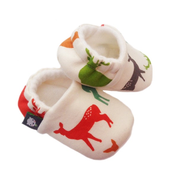 Chaussures de lit de bébé Elk Chaussures de landau Woodland Mocassins modernes Chaussons à semelle souple 0-9 ans Tissu bio en tricot