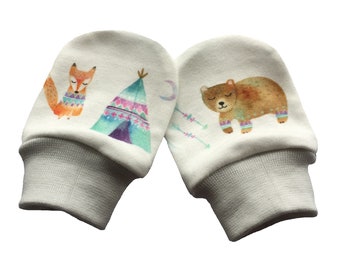 Fox Baby Mittens Scratch Mittens No scratch mitts Organic cotton knit GOTS fabric Watercolour Tipi Bear print Cute Infant Newborn gift idea