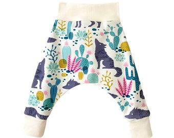Desert Wolf & Cacti Unisex harems Animal print Organic cotton GOTs fabric Boys girls pants Baby leggings Eco clothes Joggers Shoes gift