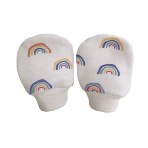 Rainbow Baby Mittens Scratch Mittens No scratch mitts Organic cotton knit GOTS fabric pastel rainbows print Cute Infant Newborn gift idea