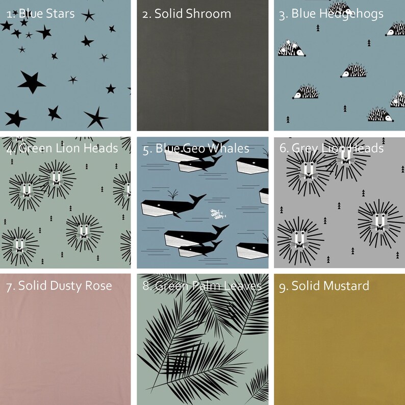 Op de afbeelding: Een collage van negen stofstalen met verschillende patronen en kleuren. De stalen omvatten blauwe sterren, een effen bruin staal, blauwe egels, groene leeuwenkoppen, blauwe walvissen, grijze leeuwenkoppen, een effen stoffig roze staal, groene palmbladeren en een effen mosterdkleurig staal.