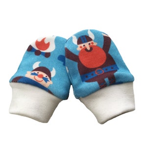 Viking Scratch Mittens Baby Mittens no scratch mitts Organic cotton knit GOTS print fabric Pirates Owl Fox Infant Newborn gift idea New baby