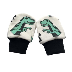 May include: A pair of white baby mittens with black cuffs. The mittens have a green dinosaur print with black outlines and white triangle patterns.