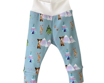 Leggings animaux pantalons ours des bois Tipi bébé harems garçon pantalon de montagne aquarelle tissu imprimé coton biologique GOTs filles