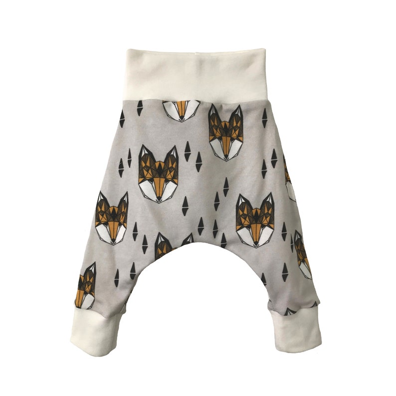 Baby Harems Geometric Orange Fox Pants Boys Harem Pants Organic cotton knit GOTs fabric print Relaxed Trousers New Baby outfit Newborn Gift