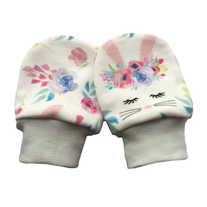 Bunny Baby Mittens Scratch Mittens No scratch mitts Organic cotton knit GOTS fabric Watercolour Flowers print Cute Infant Newborn gift idea