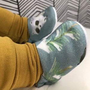 Raccoons & Fir Trees | Winter baby shoes | Organic watercolour print | Blue Soft soled modern crib shoes | Woodland booties