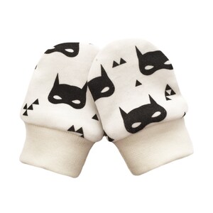 Superhero Mittens Monochrome Scratch Mitts Baby Scratch Mittens Bat Masks Triangles Lightening Bolts Organic cotton knit Scandi GOTs fabric