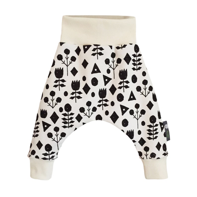 Flower Harems Black Scribble Pants Scandi Chic Harem Pants Organic cotton knit Cute fabric print New Baby outfit Newborn Gift bb Trousers