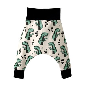 May include: White baby pants with a black waistband and black cuffs. The pants have a green dinosaur print with black triangles.