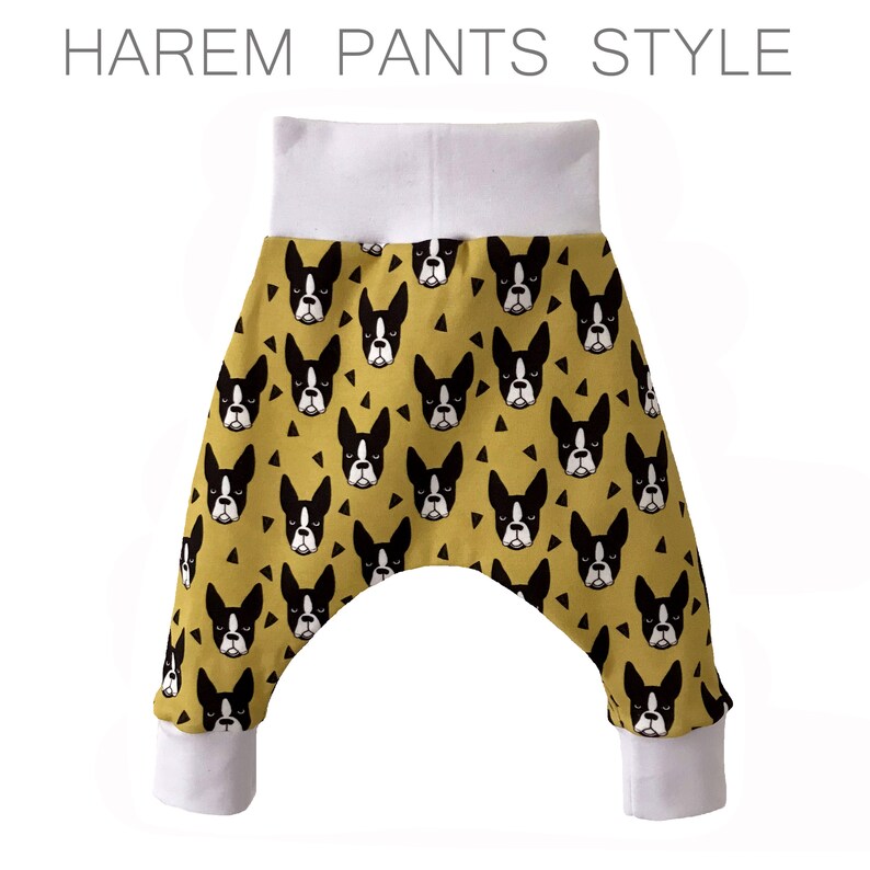 Bouledogues Français Chien Harems Moutarde Jaune Pantalon Garçon Harem Pantalon Maille de coton biologique Imprimé Pet tissu Nouveau-né bb image 4