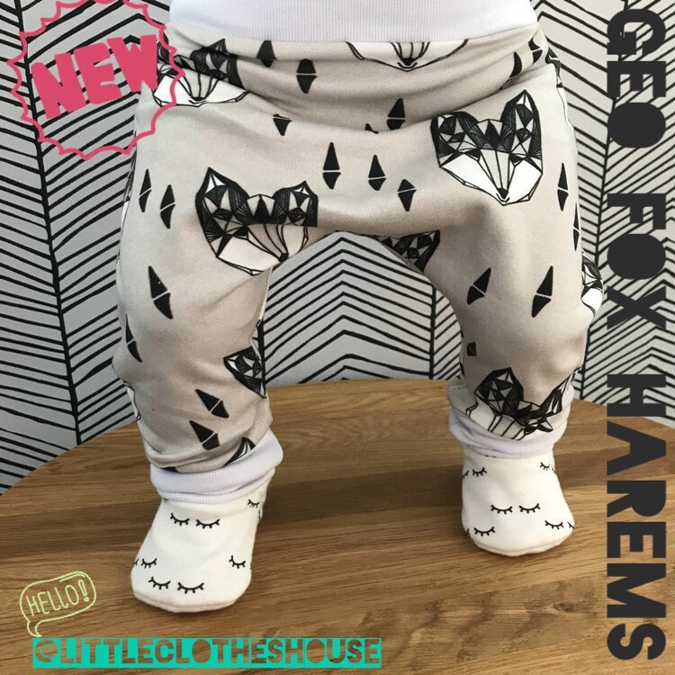 Geometric Fox Harems Grey Fox Pants Boys Harem Pants Organic cotton knit Cute fabric print Relaxed Trousers New Baby outfit Newborn Gift bb