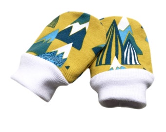 Mountains Scratch Mitts Baby Scratch Mittens Yellow Ochre mits No Scratch Mits Origami Birds Organic cotton GOTs fabric Newborn Gift idea