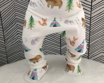 Woodland Animals Unisex harems Watercolour print Organic cotton GOTs fabric Boys girls pants Baby leggings Eco clothes Joggers Shoes gift