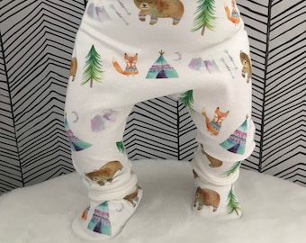 Woodland Animals Unisex harems Watercolour print Organic cotton GOTs fabric Boys girls pants Baby leggings Eco clothes Joggers Shoes gift