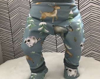 Winter Forest Animals Unisex harems Watercolour print Organic cotton fabric Boys girls pants Baby leggings Eco clothes Joggers Shoes gift