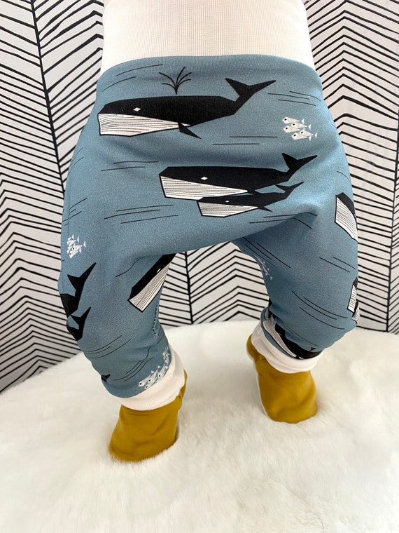 Blue Geo Whales New Collection Eco Cotton Print Fabric Organic Baby Clothes Unisex Harem Pants GOTs Boys girls Leggings Joggers Shoes gift