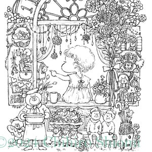 以下が含まれることがあります： 白黒の線画イラストで、気まぐれなシーンを描いています。若い女の子が鳥小屋を指しています。シーンには花、窓、テディベア、その他の装飾要素が含まれています。「9/13/17」の日付が表示されています。