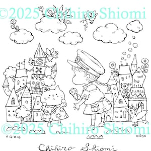 以下が含まれることがあります： 猫、制服を着た子供、様式化された建物が登場する、白黒のイラスト。雲、鳥、テキスト「©2025 Chihiro Shiomi」と「Chihiro Shiomi」が含まれています。