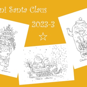 Op de afbeelding: Drie zwart-wit illustraties van kerstscènes met de kerstman op een gele achtergrond. De afbeeldingen tonen de kerstman met een taart, in een slee en in een theepot. De tekst luidt "Mini Santa Claus 2023-3" en de handtekening van de kunstenaar.