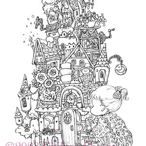 Op de afbeelding: Zwart-wit illustratie van een grillig gebouw met meerdere niveaus, torentjes en zadeldaken. Een jong persoon bekijkt het gebouw. De afbeelding bevat de tekst "Caihiro Shiomi 2023".