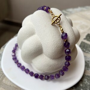 May include: A purple amethyst gemstone necklace with a gold toggle clasp.