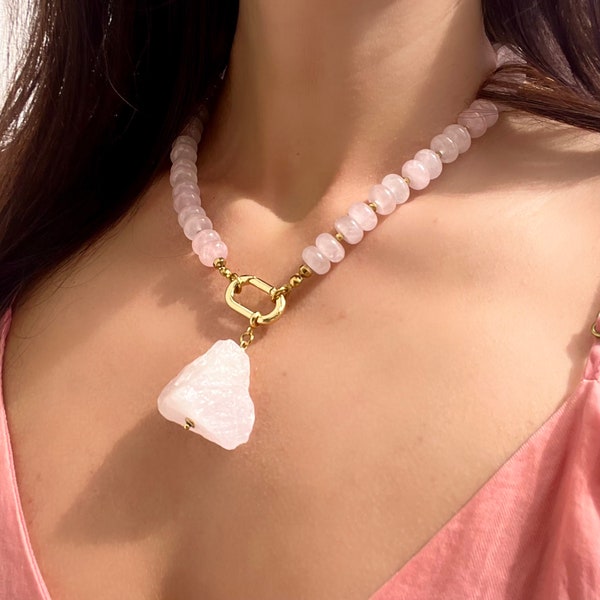 Collier de perles de quartz rose, pendentif amovible en quartz rose, collier rondelle de quartz rose, cadeau fait main pour elle
