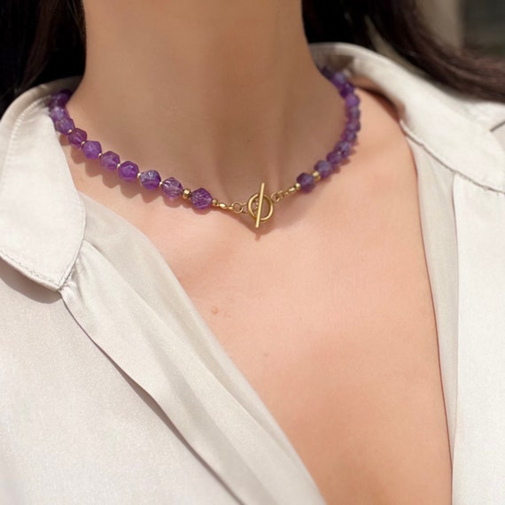 Amethyst beaded necklace, February Birthstone, Purple and Gold, Delicate Purple choker, 18K Gold toggle clasp, Gift for her