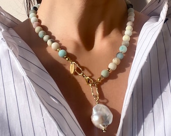 Amazonite beaded necklace with Genuine Baroque Pearl pendant, Handmade gemstone jewelry, Amazonite and Pearl, Gift for her