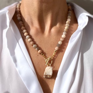 Sunstone beaded necklace with Raw Sunstone pendant, Handmade gemstone jewelry, Gift for her
