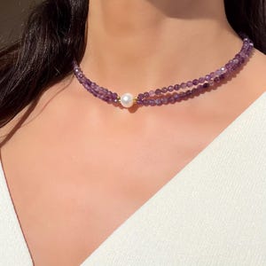 Dainty Amethyst beaded necklace with Freshwater pearl, Amethyst Double layered Purple choker, Handmade Gift for her