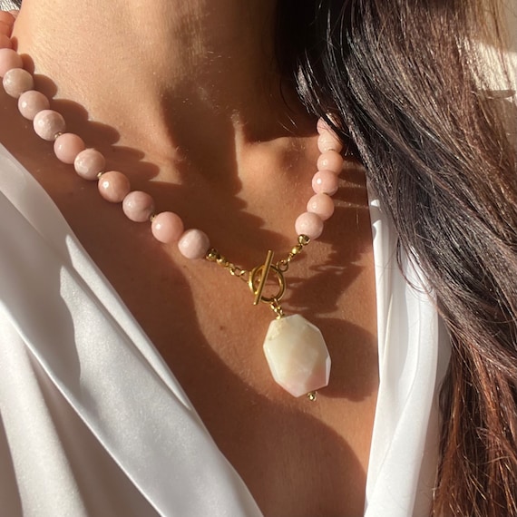 Pink Opal Beaded Pendant Handmade Necklace, Gold Toggle Clasp