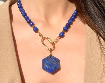 Lapis Lazuli pärlhalsband, handgjorda ädelstenssmycken med karbinhake