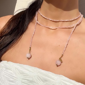 Rose Quartz beaded Necklace with Rose Quartz charms, Elegant long pink Necklace, Handmade gift for her