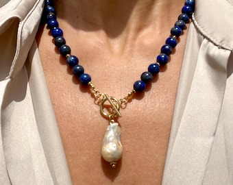 Lapis Lazuli beaded necklace with Genuine Baroque Pearl pendant, Handmade gemstone jewelry, Lapis Lazuli and Pearl, Gift for her