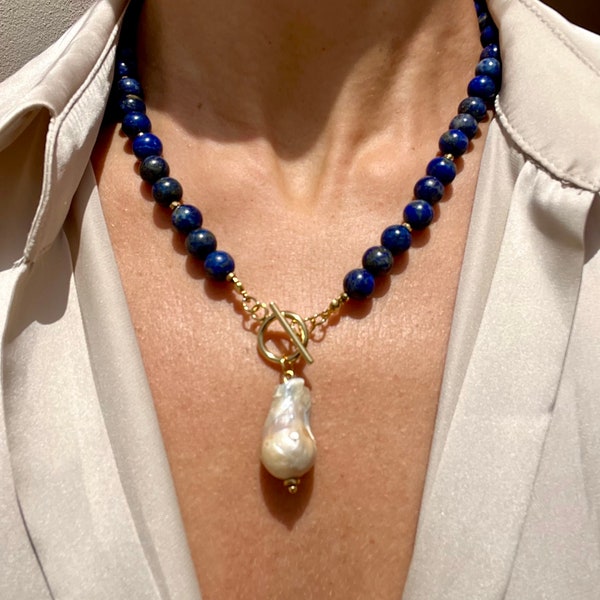 Lapis Lazuli beaded necklace with Genuine Baroque Pearl pendant, Handmade gemstone jewelry, Lapis Lazuli and Pearl, Gift for her