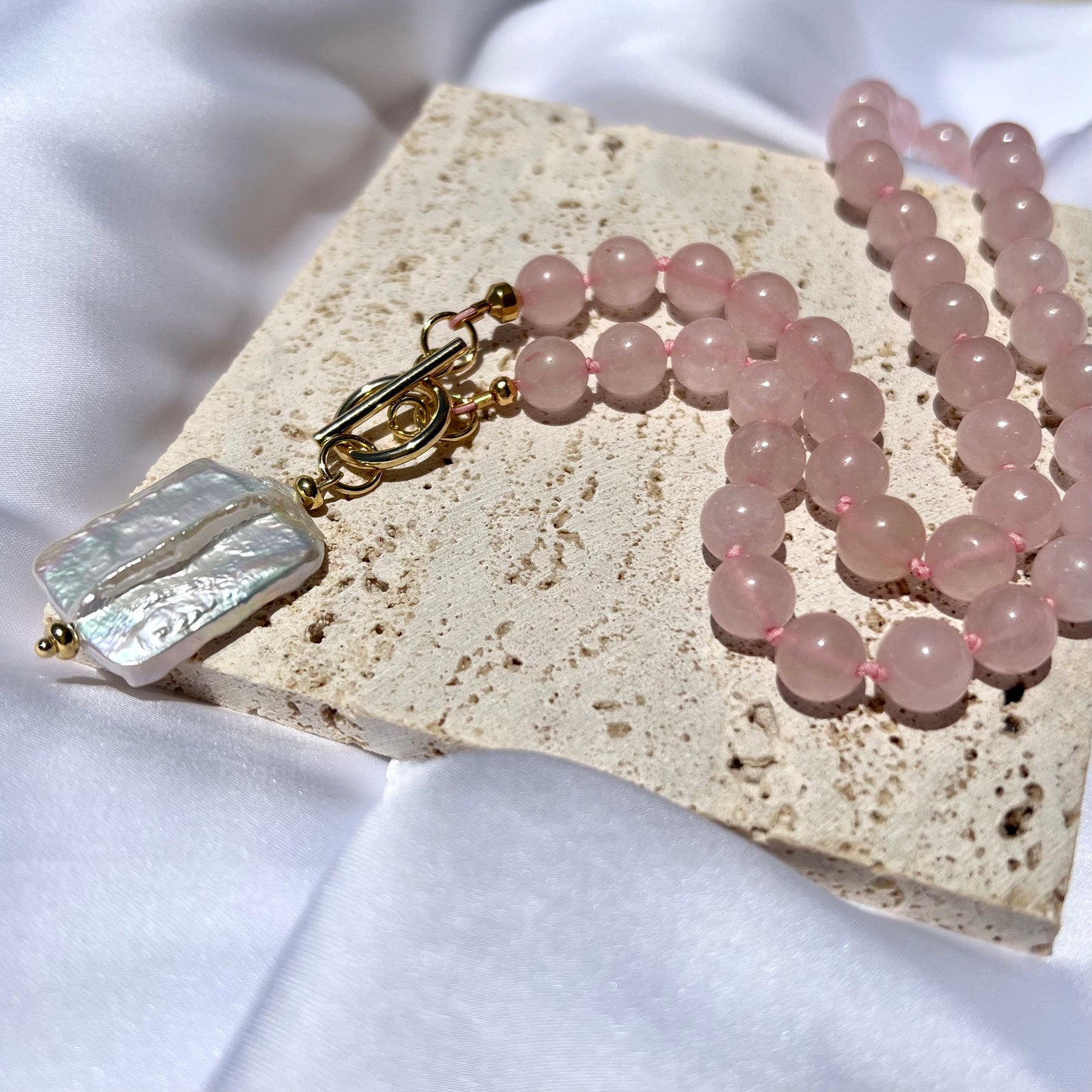 Rose Quartz Beaded Necklace With Genuine Keshi Pearl Pendant, Handmade ...