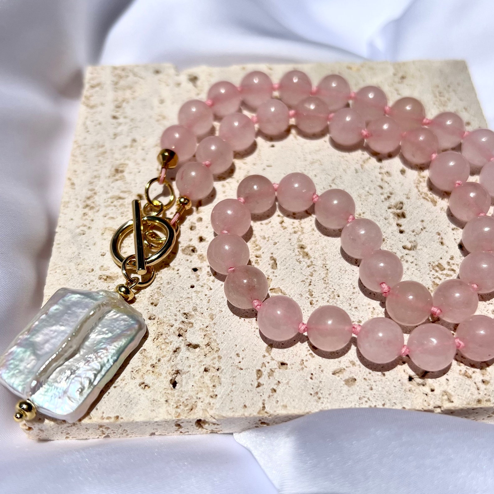 Rose Quartz Beaded Necklace With Genuine Keshi Pearl Pendant, Handmade ...