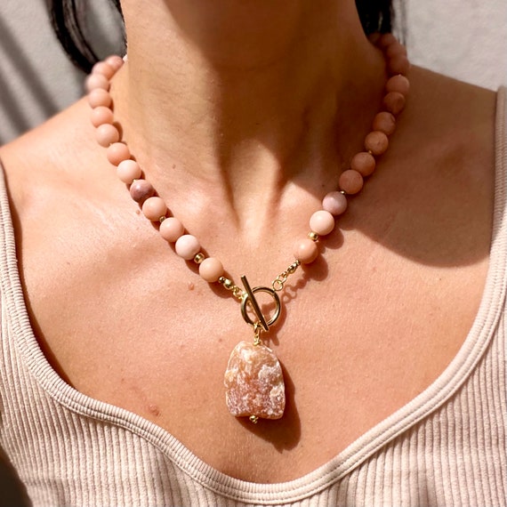 Large Pink Aventurine beads and Raw Aventurine nugget necklace, Natural stone, Handmade gemstone jewelry, Gift for her