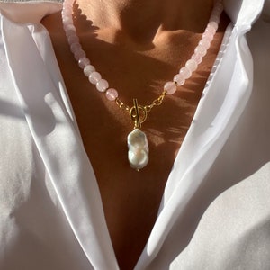 Rose Quartz beaded necklace with Genuine Baroque Pearl pendant, Handmade gemstone jewelry, Pink necklace, Gift for her