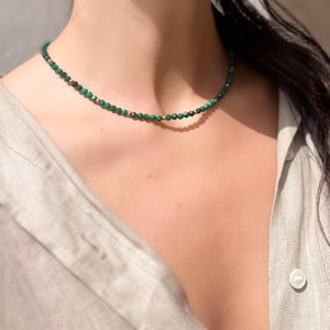 Dainty Malachite Beaded Necklace, Green Gemstone Choker, Handmade Jewelry