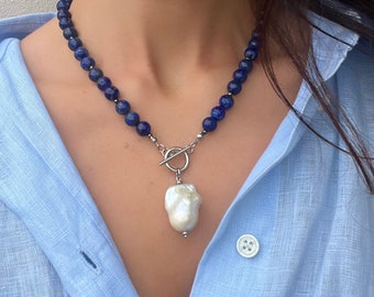Lapis Lazuli beaded necklace with Genuine Baroque Pearl pendant, Lapis Lazuli and Pearl, Handmade Gift for her